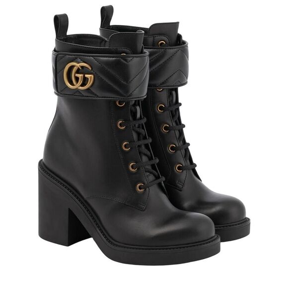 Gucci Double G Marmont Leather Combat Ankle Boots Lace up Black Gold 38.5 - Picture 2 of 10